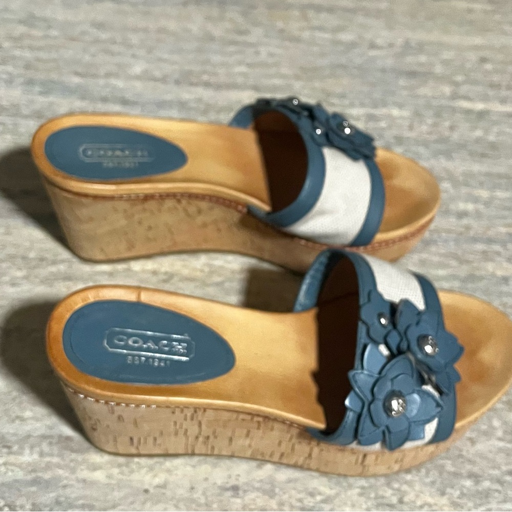 Coach JESACA Blue and Beige Wedge Sandals with Fliral Accents - Picture 4 of 16